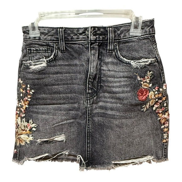 Abercrombie Embroidered Denim Mini Skirt Y2K Boho Distressed Floral - Picture 2 of 5
